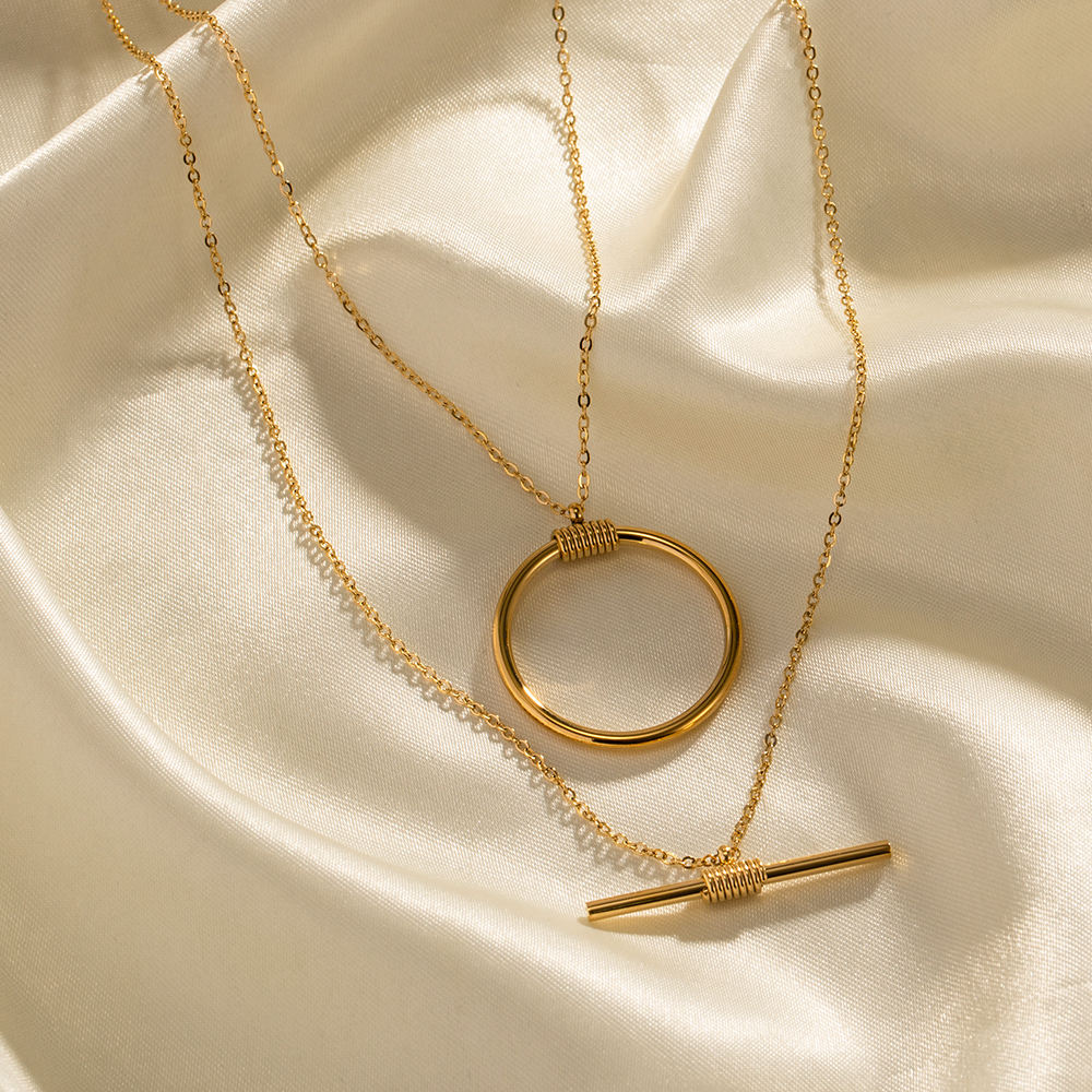 layered necklace geometric gold circle bar modern